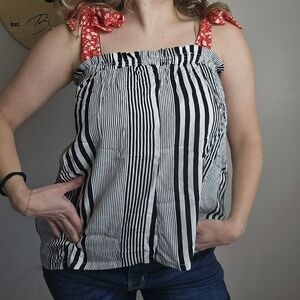 Black & White Striped Tie-Shoulder Tank with Red Floral Straps